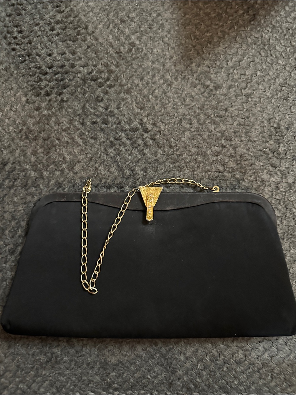 Black Satin Evening Clutch with Gold Chain
